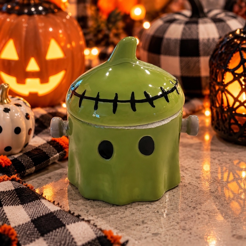 Small Ceramic Frankenstein Ghost Jar Halloween Treat Canister with Lid